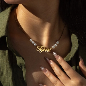 Stainless Steel Necklace With Artificial Pearl Letter Flower Pendant Chic Clavicle O-Chain Jewelry For Women