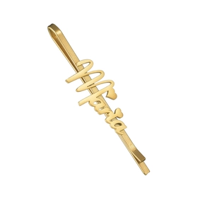 Barrette personnalisée au nom de Maria en finition dorée avec détail de cœur sur blanc