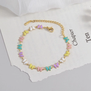 Elegant gold stainless steel butterfly bracelet with colorful enamel charms for women