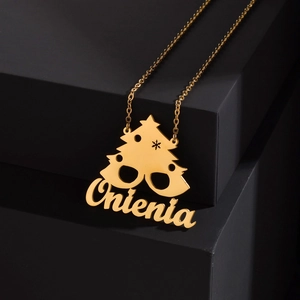 Personalized golden stainless steel Christmas tree necklace with custom name pendant