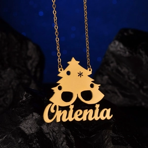 Customized golden stainless steel Christmas tree necklace with snowflake cutout and name charm