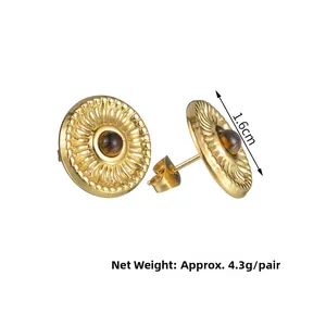 Détails de boucles d'oreilles vintage dorées 1,6 cm avec pierre marron et motif soleil