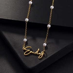 Customized golden name necklace with Emily pendant and elegant white pearls for women