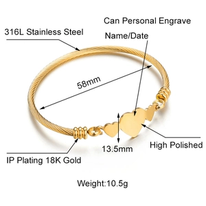 Elegant 18K gold plated 316L stainless steel triple heart bangle with twisted wire band