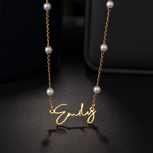 Customized 304 stainless steel gold Emily name necklace with elegant white pearls