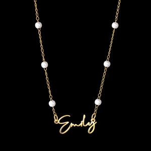 Customized name necklace in gold finish with pearls featuring artistic Emily pendant