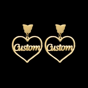 Custom heart-shaped gold stainless steel earrings with cutout script design