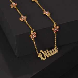 304 Stainless Steel Necklace With Zircon Letter Name Pendant And Dainty Pink Flower Charms Elegant Jewelry For Women