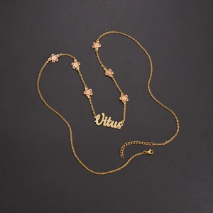 Gold stainless steel Vitus letter necklace with pink flowers and pavé diamond accents