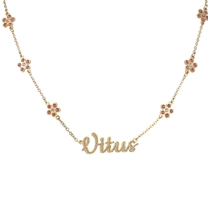 Golden necklace with Virtus letter nameplate and pink floral pendants on white background
