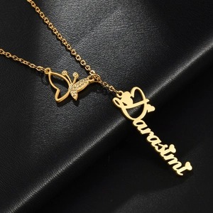 Golden stainless steel custom name necklace with sparkling diamond butterfly charm