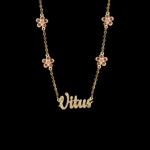 Golden Virtus name necklace with sparkling crystals and purple floral accents