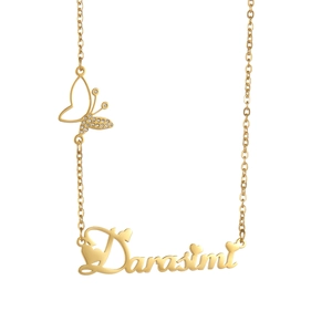 Custom gold stainless steel name necklace with a sparkling rhinestone butterfly pendant