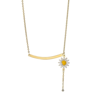Collier fleur doré avec pendentif marguerite en émail blanc et strass sur fond blanc épuré