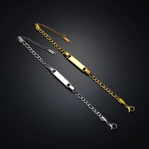 Polished stainless steel Figaro chain bracelets with customizable ID plates in gold and silver