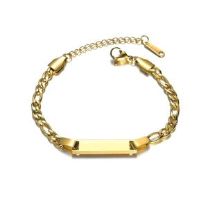 Gold stainless steel Figaro chain bracelet with engravable rectangular ID tag on white background