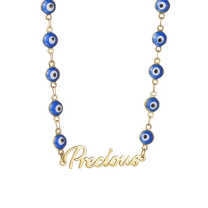 Precious letter pendant necklace with blue evil eye beads and golden stainless steel chain