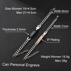 Customized 304 stainless steel couple bracelets with cross cutout and cubic zirconia