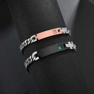 Couples stainless steel cuban chain bracelets with cross clasp and square zircon gems