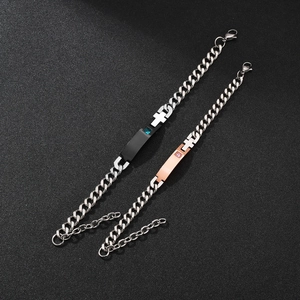 Couples stainless steel cuban chain bracelets with cross charms and square zircon stones