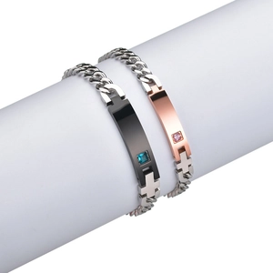 Matching stainless steel couple bracelets with cross charms and square zircon stones