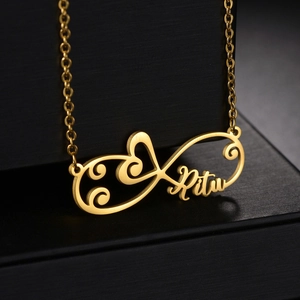 Gold stainless steel necklace with custom Pitu name, heart, and infinity pendant