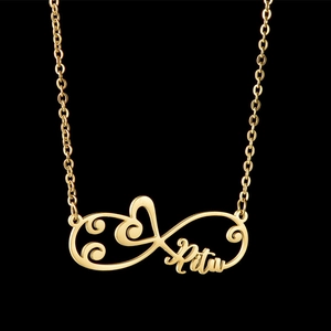 Customized gold 304 stainless steel infinity heart name necklace on black background