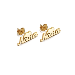 Golden Nana script heart stud earrings in polished stainless steel for women