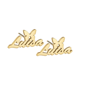 Detail of custom Luisa name earrings with butterfly accent in gold finish