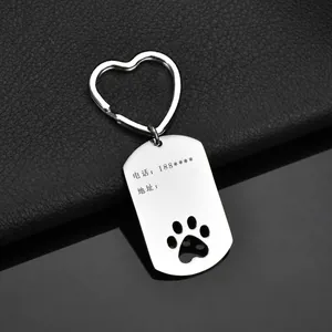 Roestvrij Staal Hart Ring Pootafdruk Holle Sleutelhanger Gepersonaliseerde Huisdier ID Tag DIY Graveersleutelhanger