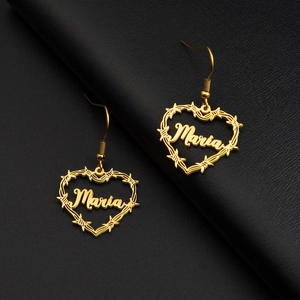 Minimalist gold heart earrings with Maria name detail in unique thorn wire design