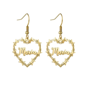 Golden stainless steel heart earrings with custom Maria script and thorn pattern