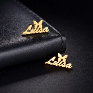 Customized golden stainless steel butterfly stud earrings with personalized Luisa name script