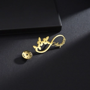 Golden infinity brooch with butterfly accents and Augusta custom name in stainless steel