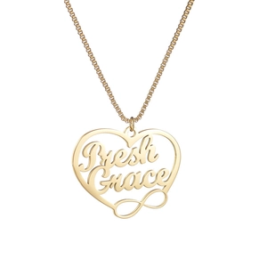 Collana con cuore personalizzato dorato con nome Preth Grace e simbolo infinito
