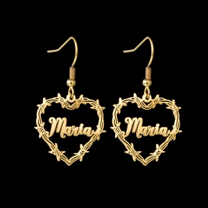 Personalized Maria name earrings with golden heart-shaped barbed wire texture frame