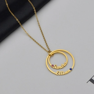 Interlocking Double Circle Necklace Stainless Steel With Colorful Zircon Inlaid Niche Design Clavicle Jewelry For Women
