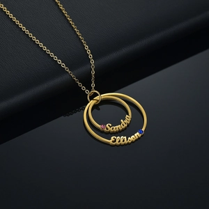 Custom gold stainless steel double ring necklace with engraved names and zircon stones