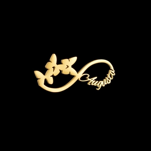 Custom infinity name brooch with three butterflies in gold-plated stainless steel finish