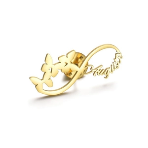 Custom infinity butterfly name brooch in polished gold stainless steel featuring Augusta