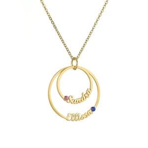 Custom gold stainless steel double circle name necklace with colorful gemstones