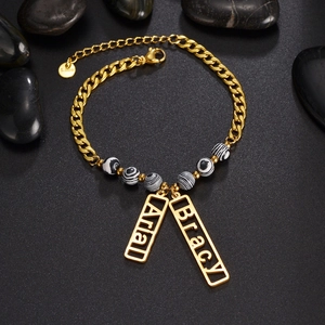 Custom stainless steel gold chain bracelet with name pendants and black white beads