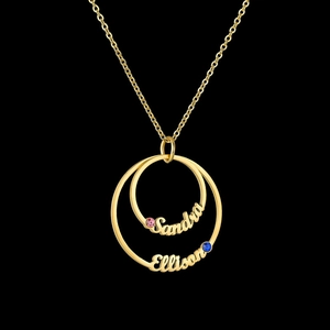 Custom gold stainless steel double ring necklace with Sandra Ellison name engraving