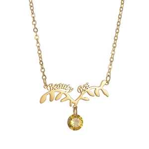 Collier en acier doré avec pendentif bois de cerf, texte 'Beauty Bee' et zircon jaune