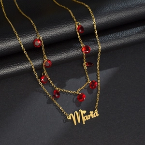 Collier Double Couche Acier Inoxydable 304 Zircone Cubique Rouge Pendentif Prénom Maria Accent Coeur Pour Femme Bijoux
