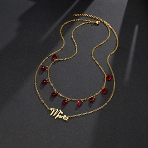 Collier double rang en acier doré avec zircon rouge et pendentif au prénom Maria