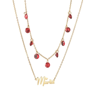 Collier double rang doré avec cristaux rouges et pendentif au prénom Maria