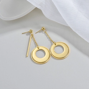 Gold stainless steel geometric hoop earrings with asymmetric chain and metal bar design