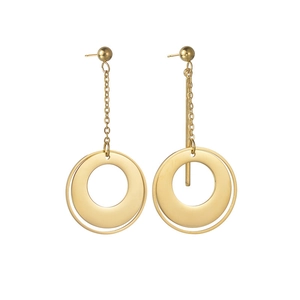 Minimalist geometric double circle gold dangle earrings in polished stainless steel