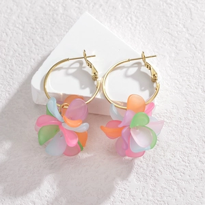 Boucles d'oreilles créoles fleurs en acrylique multicolore et métal doré pour femme